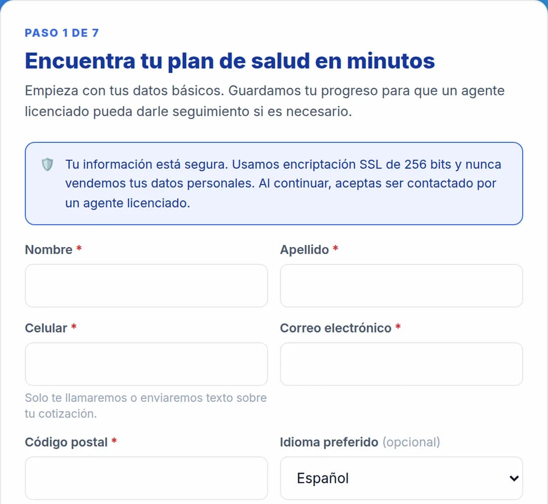Paso 1 de 7 del cotizador de Plan Salud Familiar: pide nombre, apellido, celular, correo electrónico y código postal
